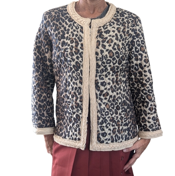 Vintage Carole Little Silk Quilted Leopard Print Cardigan Jacket Women’s L - Picture 2 of 10